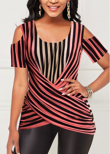 Striped Crossover Hem Cold Shoulder T Shirt