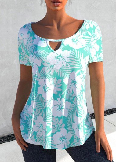 Cyan Keyhole Neckline Floral Print T Shirt