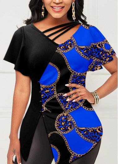 Asymmetric Neck Royal Blue Chain Print T Shirt