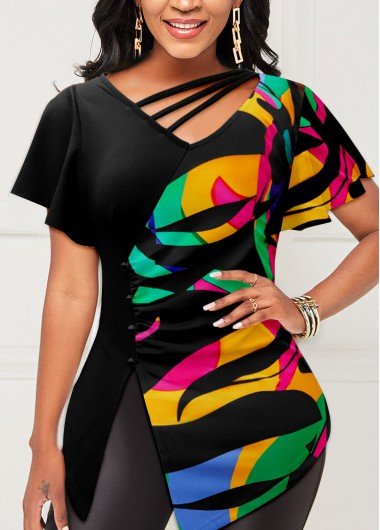 Multi Color Side Slit Short Sleeve T Shirt