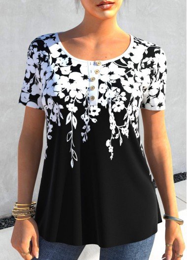 Floral Print Black Quarter Button T Shirt