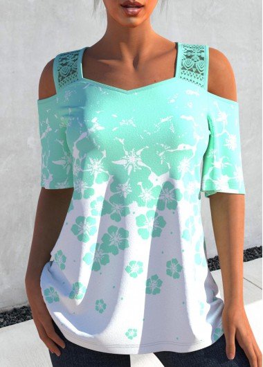 Lace Stitching Floral Print Ombre Cyan T Shirt