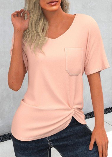 Twist Hem Light Pink Pocket T Shirt