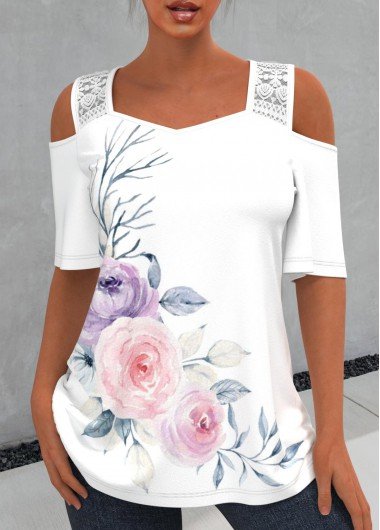 Lace Stitching Floral Print Cold Shoulder T Shirt