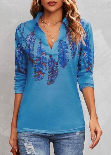 Blue Feathers Print Long Sleeve T Shirt