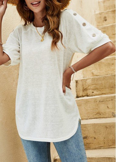 White Decorative Button Half Sleeve T Shirt