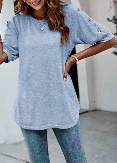 Decorative Button Light Blue Round Neck T Shirt