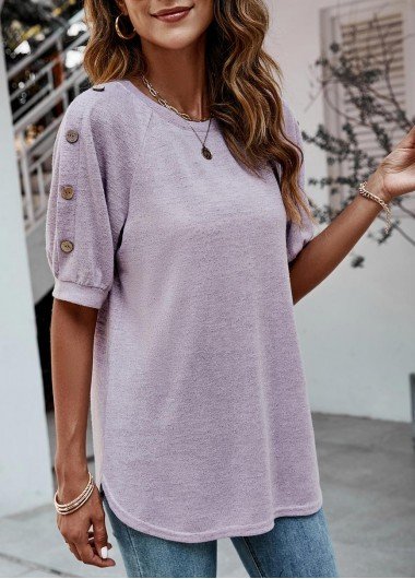 Purple Decorative Button Half Sleeve T Shirt