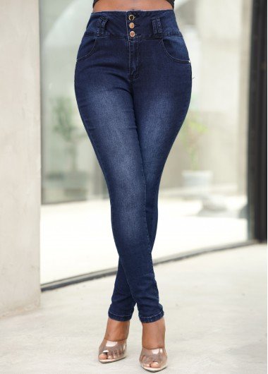 Dark Blue Pocket Mid Waist Jeans