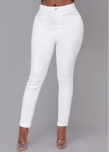 White Skinny Zipper Fly High Waisted Pants