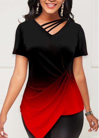 Red Asymmetric Hem Short Sleeve T Shirt