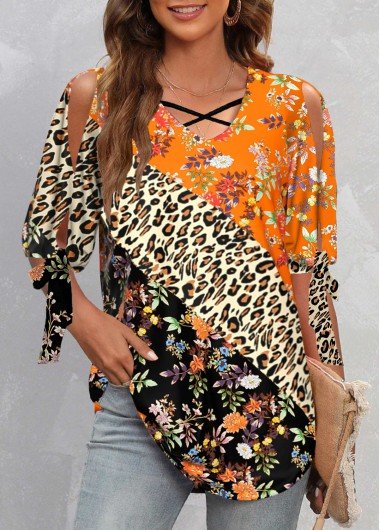 Cold Shoulder Leopard Cross Strap T Shirt