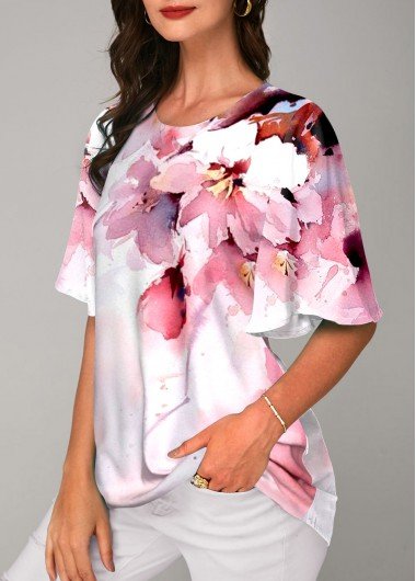 Pink Floral Print Half Sleeve Round Neck T Shirt