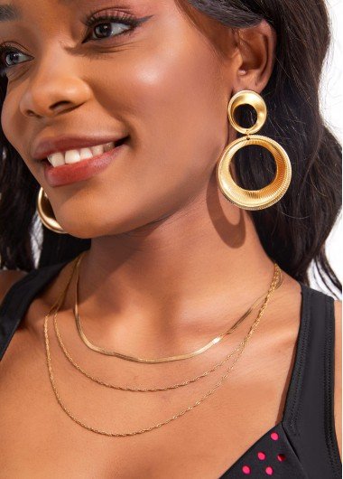 Double Circle Design Metal Detail Gold Earrings