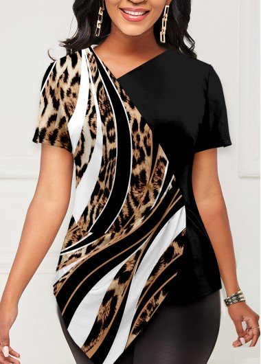 Multi Color Leopard Asymmetric Hem T Shirt