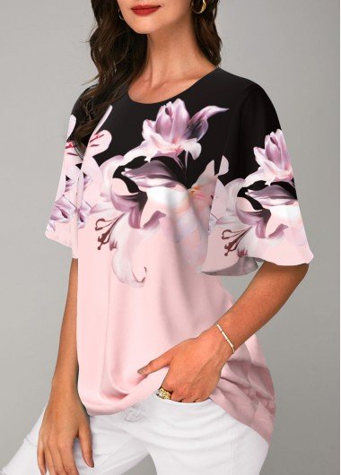 Pink Round Neck Floral Print T Shirt