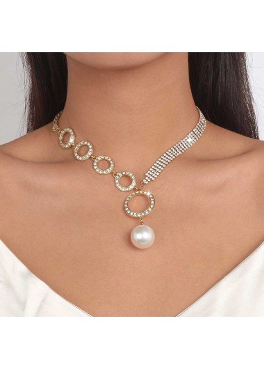 Rhinestone Gold Pearl Circular Shape Necklace