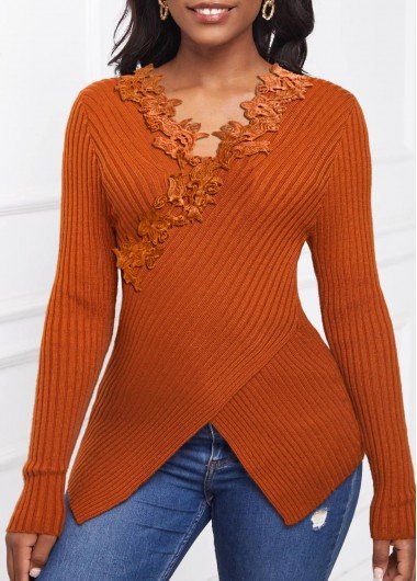 Brick Red Front Cross Lace Stitching Sweater