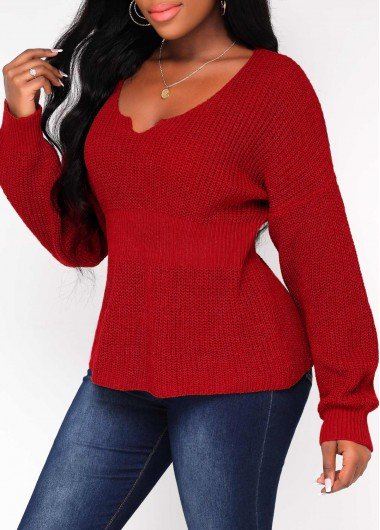 Deep Red Long Sleeve Split Neck Sweater