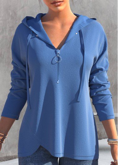 Dusty Blue Quarter Zip Drawstring Long Sleeve Hoodie