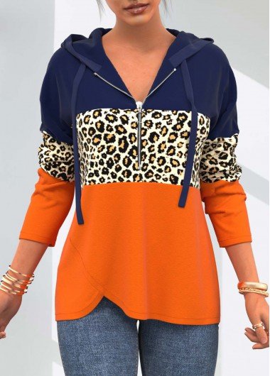 Leopard Orange Quarter Zip Drawstring Detail Hoodie