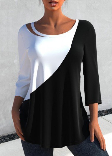 Contrast Black 3/4 Sleeve Round Neck T Shirt