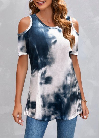 Tie Dye Print Cold Shoulder Navy T Shirt