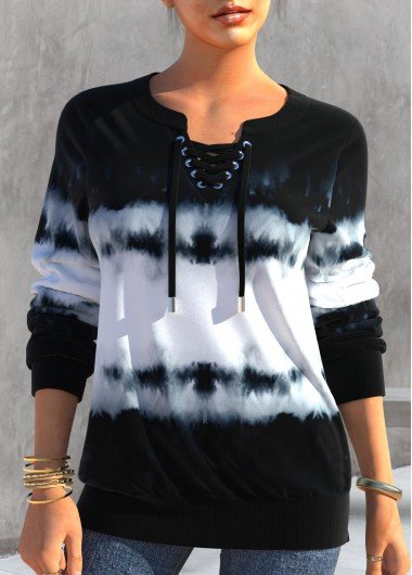 Split Neck Tie Dye Print Black Sweatshirt