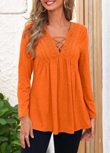 Lace Stitching Orange Long Sleeve T Shirt