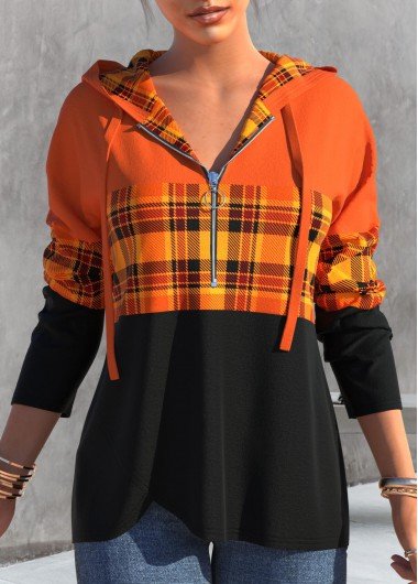 Orange Cross Hem Tartan Print Long Sleeve Hoodie