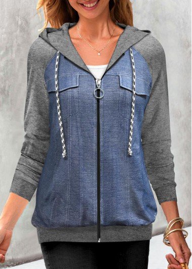 Faux Denim Decorative Pockets Grey Hoodie