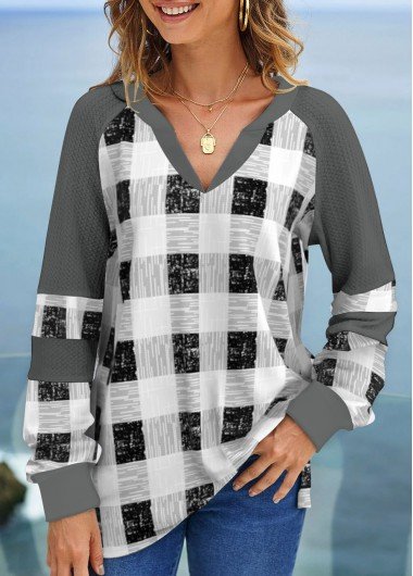 Plaid Split Neck Grey Long Sleeve Sweatshirt