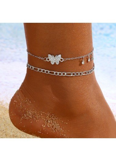 Silvery White Butterfly Rhinestone Anklet Set