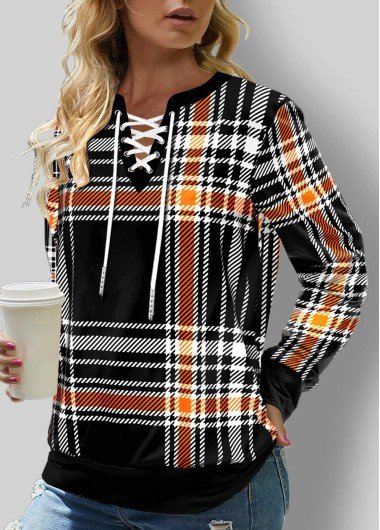 Black Lace Up Plaid Halloween Design Sweatshirt