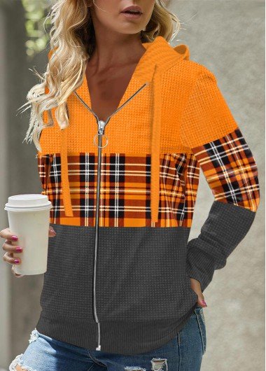 Zipper Closure Plaid Orange Long Sleeve Hoodie