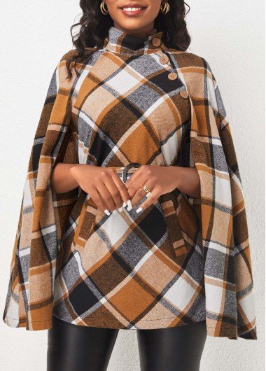 Multi Color Button Tartan Print Belted Coat