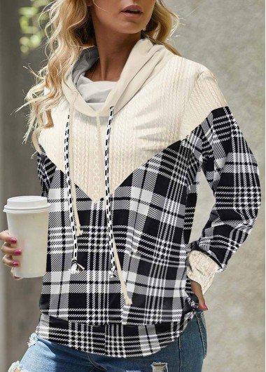 Beige Plaid Long Sleeve Cowl Neck Sweatshirt