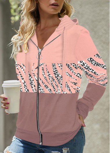 Pink Zipper Leopard Long Sleeve Hoodie