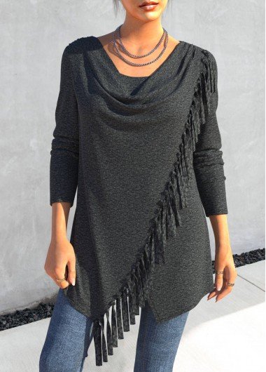 Black Asymmetry Long Sleeve Draped Neck T Shirt