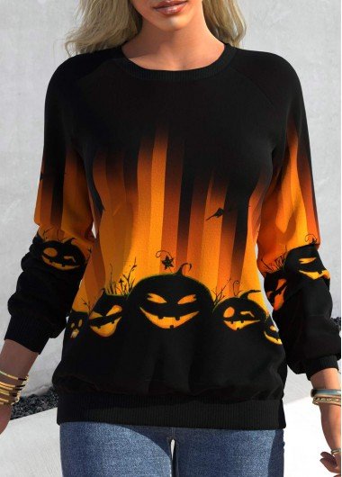 Black Halloween Print Long Sleeve Round Neck Sweatshirt