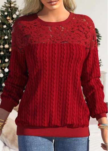 Red Lace Long Sleeve Round Neck Sweatshirt