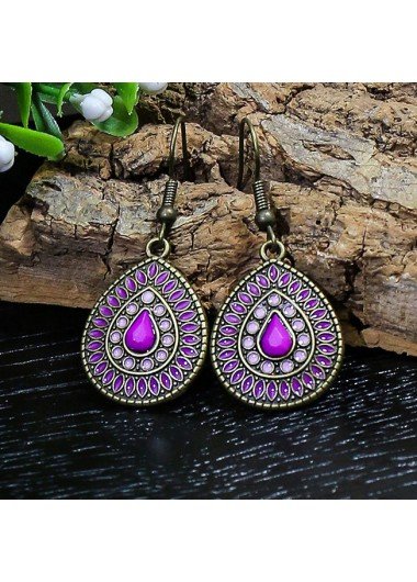 Purple Teardrop Retro Metal Detail Earrings