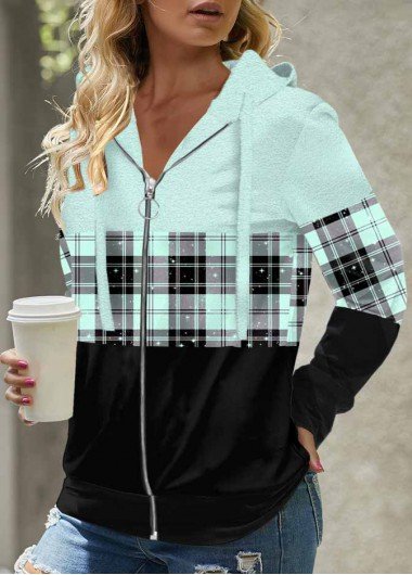 Cyan Tartan Print Long Sleeve Hoodie