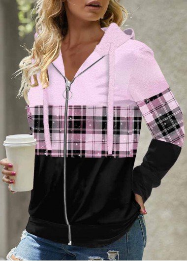 Light Purple Tartan Print Long Sleeve Hoodie