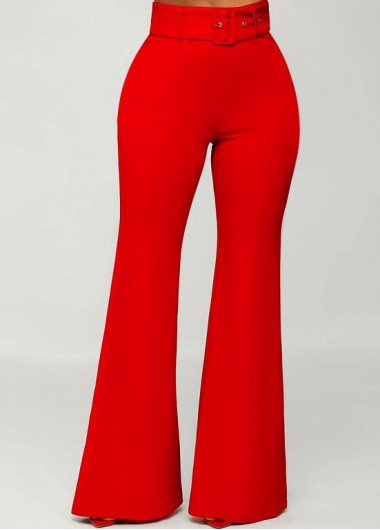 Red Breathable Belted Flare Leg Zipper Fly Pants