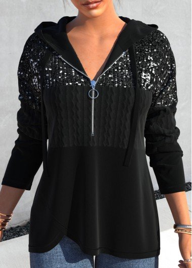 Black Sequin Long Sleeve Asymmetric Hem Hoodie