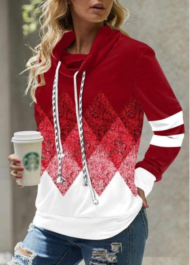 Red Geometric Print Long Sleeve Cowl Neck Sweatshirt