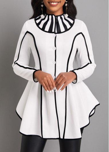 White Contrast Binding Striped Long Sleeve Coat