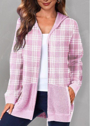 Pink Tartan Print Zipper Closure Hoodie