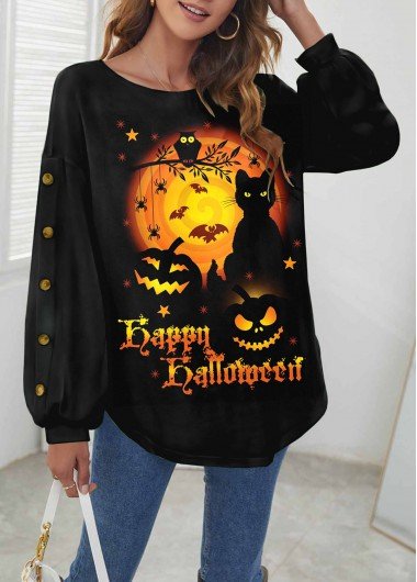 Orange Halloween Print Long Sleeve Round Neck Sweatshirt